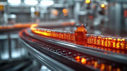 Pharmaceutical bottles on automated conveyor belt in a modern manufacturing facility.