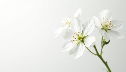 Delicate white flower blossoms against pure white backdrop, calm, spring