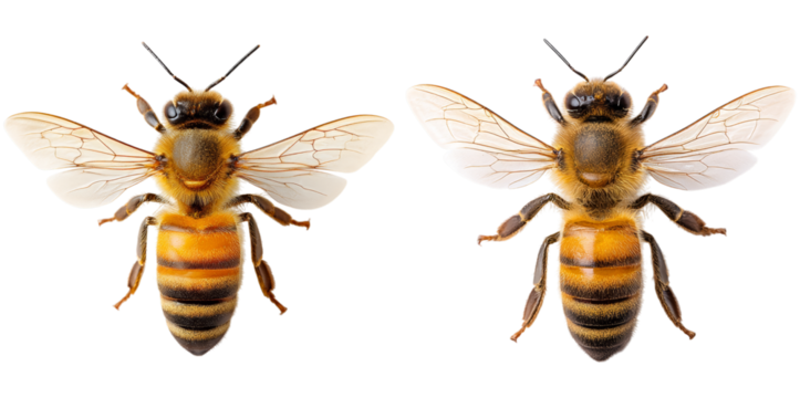 Two isolated honey bees display distinct features such as wings and body patterns, highlighting their anatomy essential for pollination and ecosystem health