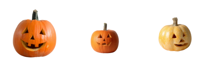 Three joyful jack-o'-lanterns in different sizes display classic Halloween faces, ready to enhance festive decorations for the October celebrations