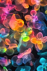 A scene of hypnotic bloomed flowers in electric, neon, bright colours on a black background