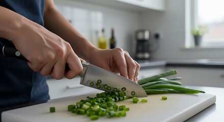 Slicing Green Onions on Cutting Board in Kitchen