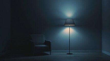 Quiet, moody room interior with a single lamp casting soft light over sparse, modern furnishings in a minimalist space.
