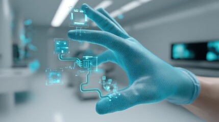 Gloved hand manipulating virtual circuits in a high-tech laboratory setting, showcasing innovation