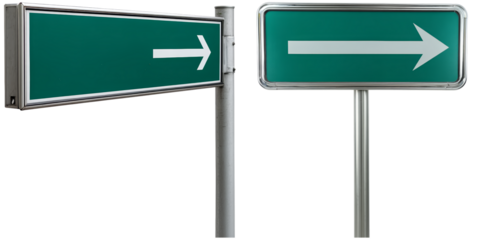 Two isolated directional signs guide drivers to make a right turn, featuring a green background and prominent white arrows for clear navigation