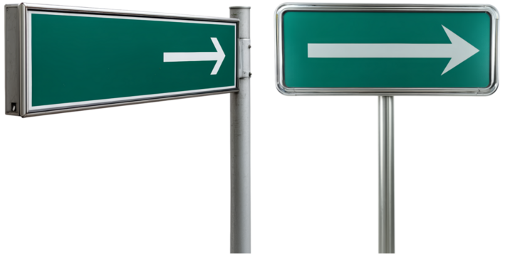 Two isolated directional signs guide drivers to make a right turn, featuring a green background and prominent white arrows for clear navigation