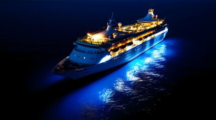 Large vessel illuminated at night on calm water surface.