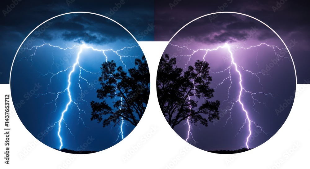 Poster a split image of lightning striking near a tree in two different color schemes inside circles