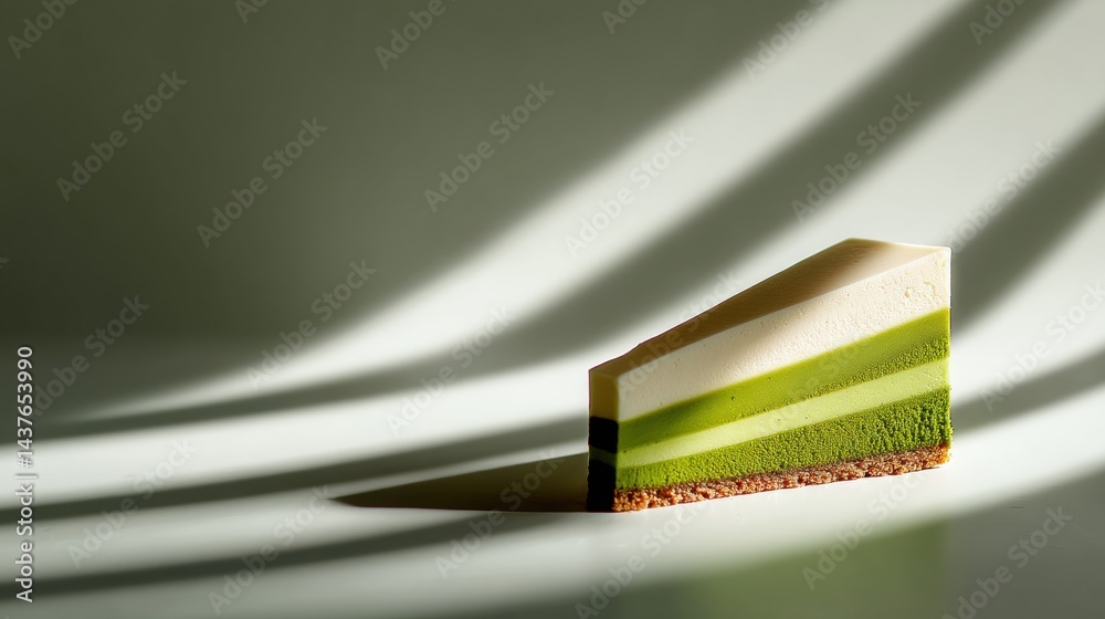 Poster minimalist matcha cake showcasing brilliant shadow play in a serene setting