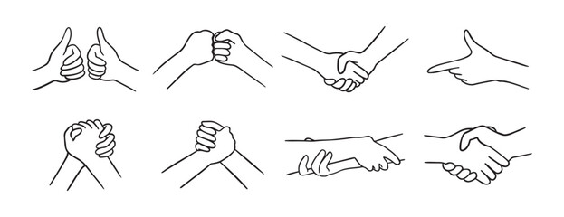 Friendship hand gesture doodle hand drawn icon set. Best friends Outline drawing friendship hand gesture line clipart symbol collection