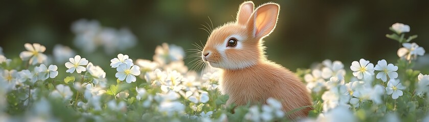 Fototapeta premium A cute bunny sitting in a field of white flowers in spring, perfect for seasonal concepts