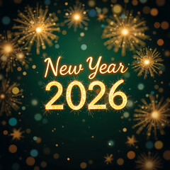 Happy New Year Celebration Text with Festive Gold Fireworks Collage Bottle of champagne with gold glitter 