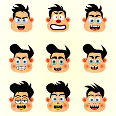 Vector cartoon faces sticker design on abstract character mascot funny emoji icon set