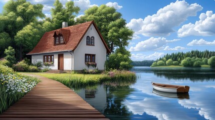 Obraz premium Peaceful riverside cottage with a wooden dock, small boat, flowering plants, calm water reflections