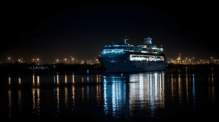 Illuminated cruise ship at night, reflecting on calm water.