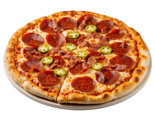 Pepperoni Pizza with Jalapenos & Bacon, Transparent Background. Spicy!