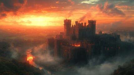Obraz premium Fiery Sunset Castle, Aerial, River Valley, Fantasy Artwork