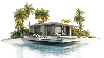 Fototapeta premium modern vacation home surrounded by palm trees and water, exuding tranquility and luxury