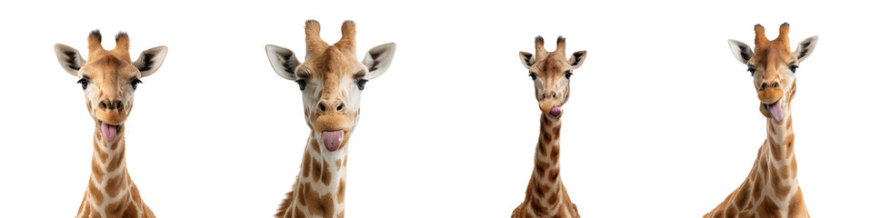 Obraz premium A giraffe displays a series of playful poses, showcasing its unique facial expressions and long neck. This isolated depiction highlights the animal's charm and character