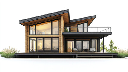 Modern vacation home with large windows and stylish design, surrounded by greenery