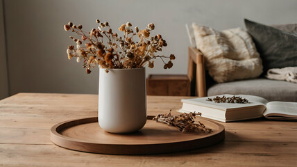 Vase with dried flowers on wooden tray in cozy setting mockup