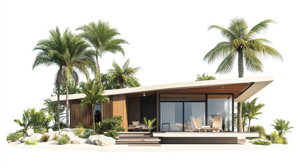 Fototapeta premium Modern vacation home with tropical landscaping and palm trees
