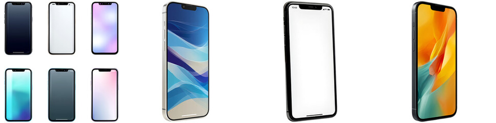 Set of isolated smartphone mockups featuring different screen designs, colors, and bezels arranged neatly on a white background for presentation purposes