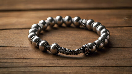 Beaded bracelet with silver centerpiece on wooden surface