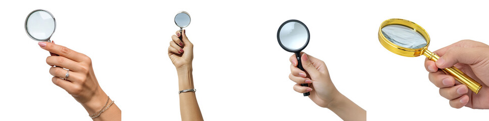 Different magnifying glasses are being held by hands, showcasing the diversity in styles and designs for examination purposes, perfect for schools or hobbies