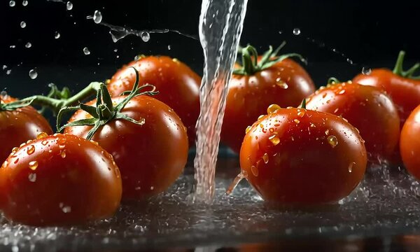 Fresh tomatoes are washed with water, creating a splash.