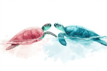 Illustration of marine animals like turtles diving through water, in bright, vibrant colors, on a white background