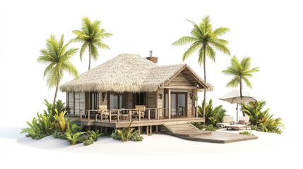 tropical vacation home surrounded by palm trees and lush greenery, perfect for relaxation