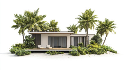 Fototapeta premium modern vacation home surrounded by lush palm trees and greenery, exuding tranquility