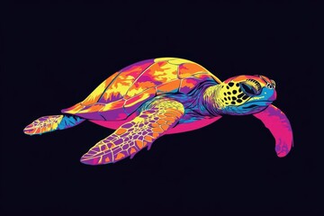 Illustration of marine animals like turtles diving through water, in bright, vibrant , neon colors, on a black background