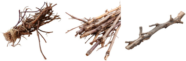A collection of sticks and twigs arranged in different styles suitable for crafting, building, or outdoor recreation, showcasing natural wood textures and colors