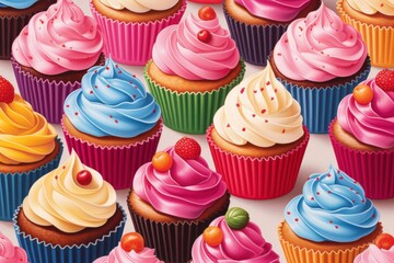 An illustration representing multiple, tasteful, mouthwatering cupcakes, all illustrated in colourful and vibrant colours 