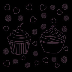 seamless pattern with cupcakes. Seamless background of cupcakes. Cupcake Icon set. Cake icon collection. Cupcake Flat Design Dessert Icon. Cupcake Vector Doodles Set. cupcake in doodle style. 