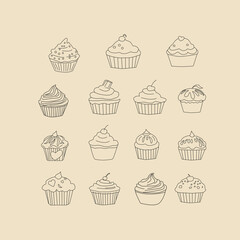 seamless pattern with cupcakes. Seamless background of cupcakes. Cupcake Icon set. Cake icon collection. Cupcake Flat Design Dessert Icon. Cupcake Vector Doodles Set. cupcake in doodle style. 