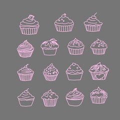 seamless pattern with cupcakes. Seamless background of cupcakes. Cupcake Icon set. Cake icon collection. Cupcake Flat Design Dessert Icon. Cupcake Vector Doodles Set. cupcake in doodle style. 