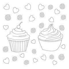 seamless pattern with cupcakes. Seamless background of cupcakes. Cupcake Icon set. Cake icon collection. Cupcake Flat Design Dessert Icon. Cupcake Vector Doodles Set. cupcake in doodle style. 