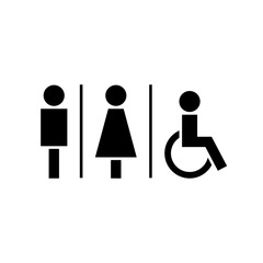 WC room signage, Man, woman and disabled icon, Toilet and bathroom sign, Simple silhouette design, Vector illustration