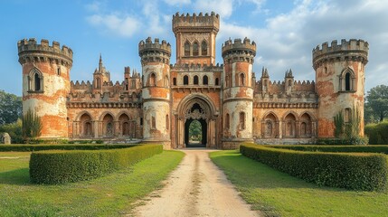 Majestic Ruins of a Castle Entrance, Sunny Day, Lush Gardens
