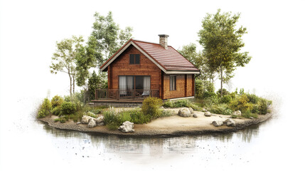 Cozy wooden vacation home surrounded by nature and water, perfect for relaxation