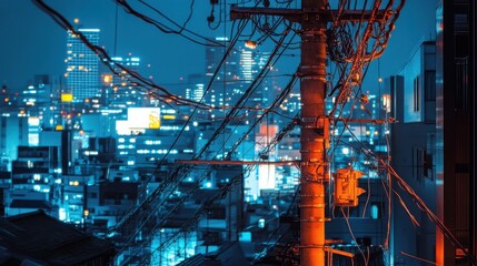 Obraz premium Classic urban scene with a telephone pole loaded with cables, tall Japanese buildings, and brilliant city lights coloring the night.