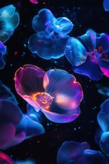 A scene of hypnotic bloomed flowers in electric, neon, bright colours on a black background