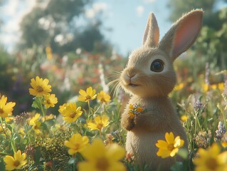 Fototapeta premium Smiling rabbit holding flowers in a meadow, under blue sky. Stock for children's books or spring
