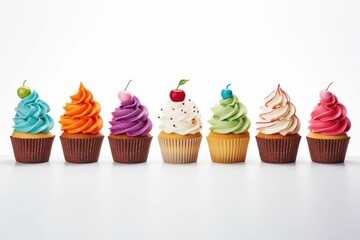 An illustration representing multiple cupcakes, all illustrated in colourful and vibrant colours on a white background 