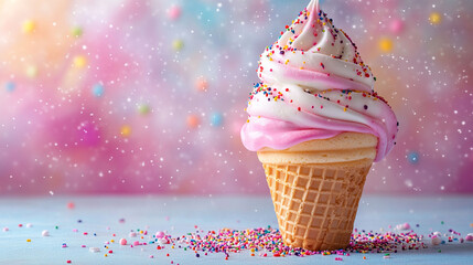 Delicious swirl ice cream cone with sprinkles on a pastel background.
