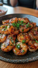 Grilled shrimp dish on a dark plate with herbs on a wooden table.