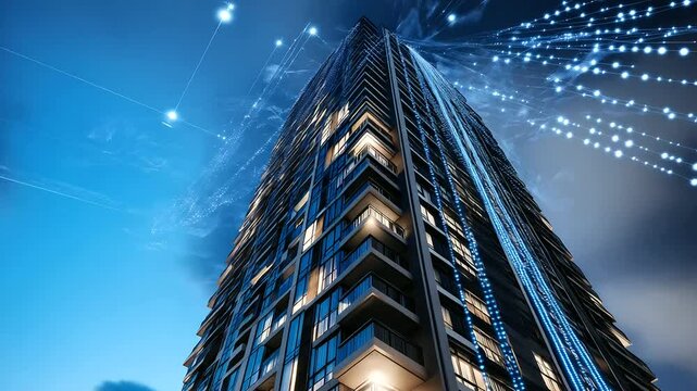 A modern skyscraper apartment building wrapped in an illuminated digital chain, showcasing secure tokenized property ownership in urban real estate.